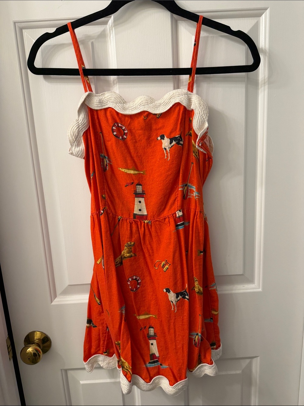 Orange Nautical Print Mini Dress with White Scalloped Trim